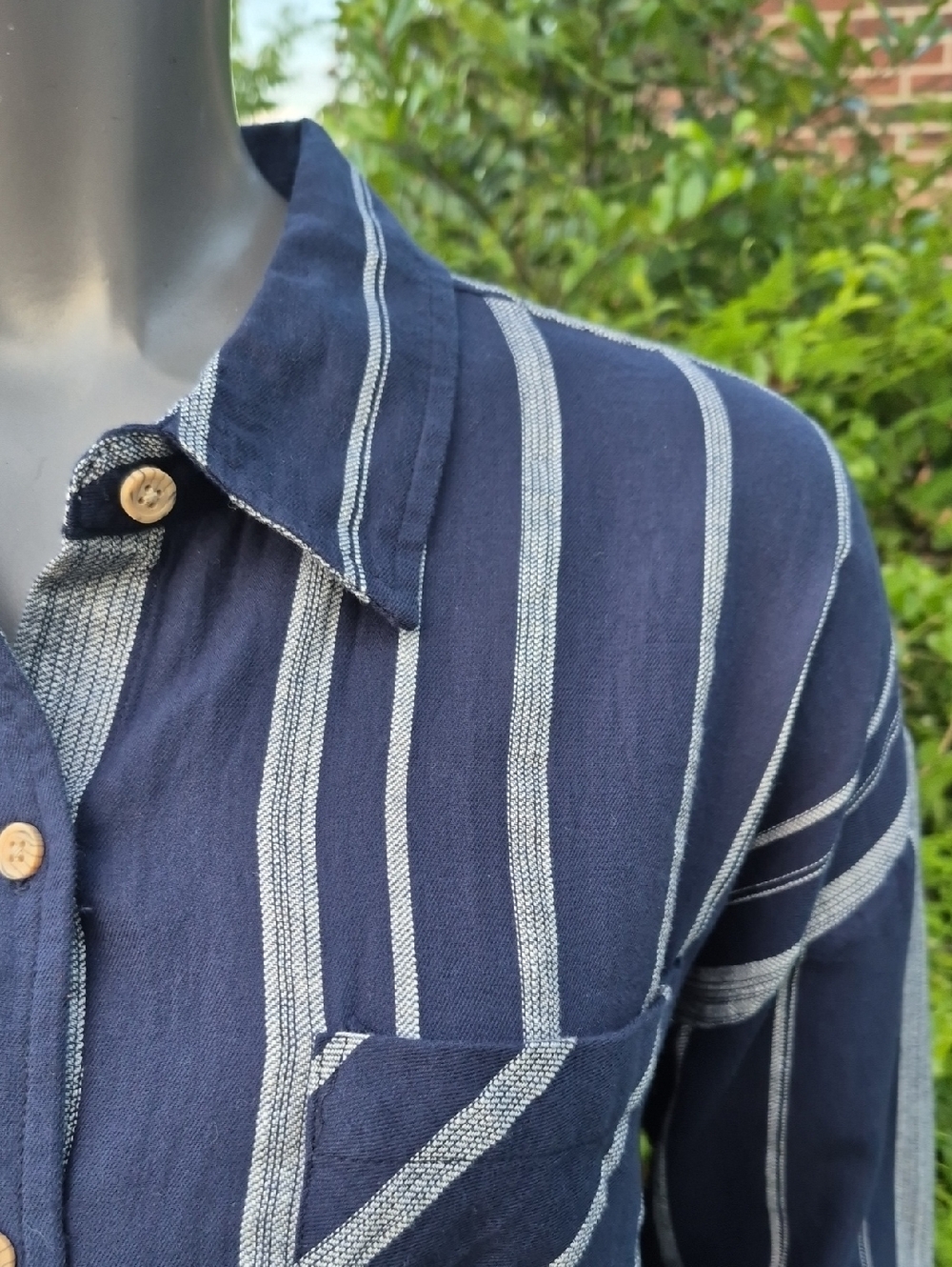 Sandy & Sid (India) Ladies Pure Cotton Navy Button-Down Blouse W/Grey Stripes